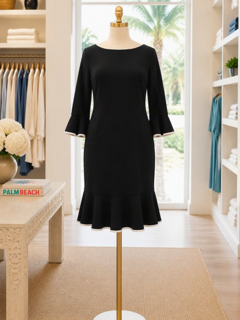 AGB Black Long Sleeve Ruffle Hem Dress with White Trim